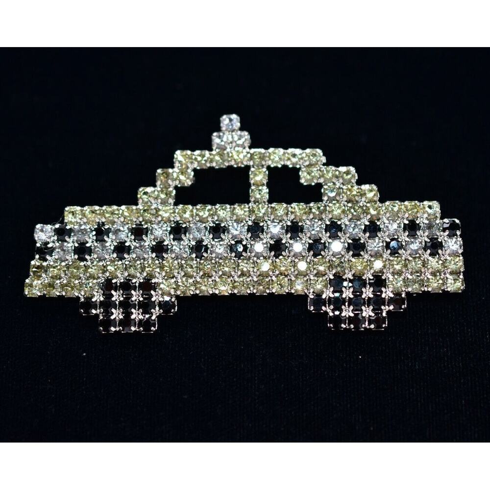 Dorothy Bauer Vintage Taxi Cab Pin Brooch Car Rhinestone Crystal Signed 80s BinB